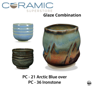 Arctic Blue PC-21 over Ironstone PC-36 Pottery Cone 5 Glaze Combination