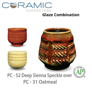 Deep Sienna Speckle PC-52 over Oatmeal PC-31 Pottery Cone 5 Glaze Combination