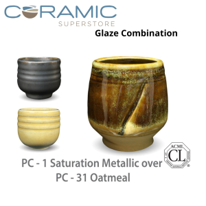 Saturation Metallic PC-01 over Oatmeal PC-31 Pottery Cone 5 Glaze Combination